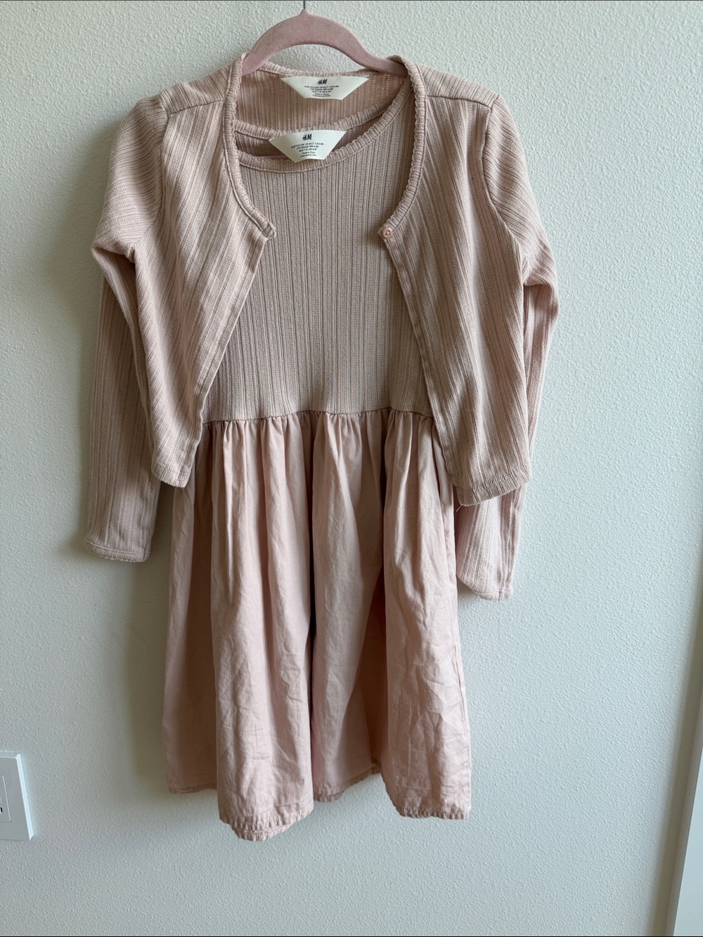 H&M Girls' Blush Pink Ribbed Dress with Matching Cardigan